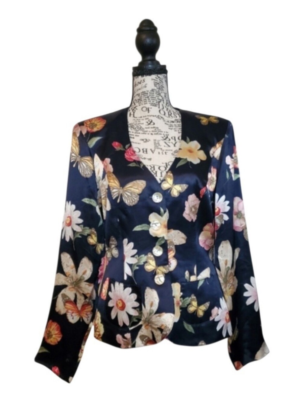 VTG Platinum Dorothy Schoelen Floral Butterfly Satin Blazer Jacket Sz 6